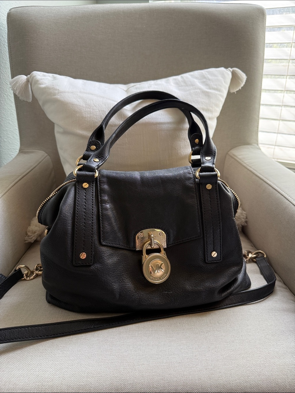 Michael Kors Black Leather Satchel with Gold-Tone Lock